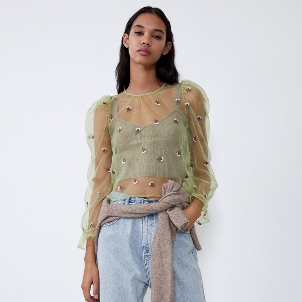 Zara Green Embroidered Balloon Sleeve Top